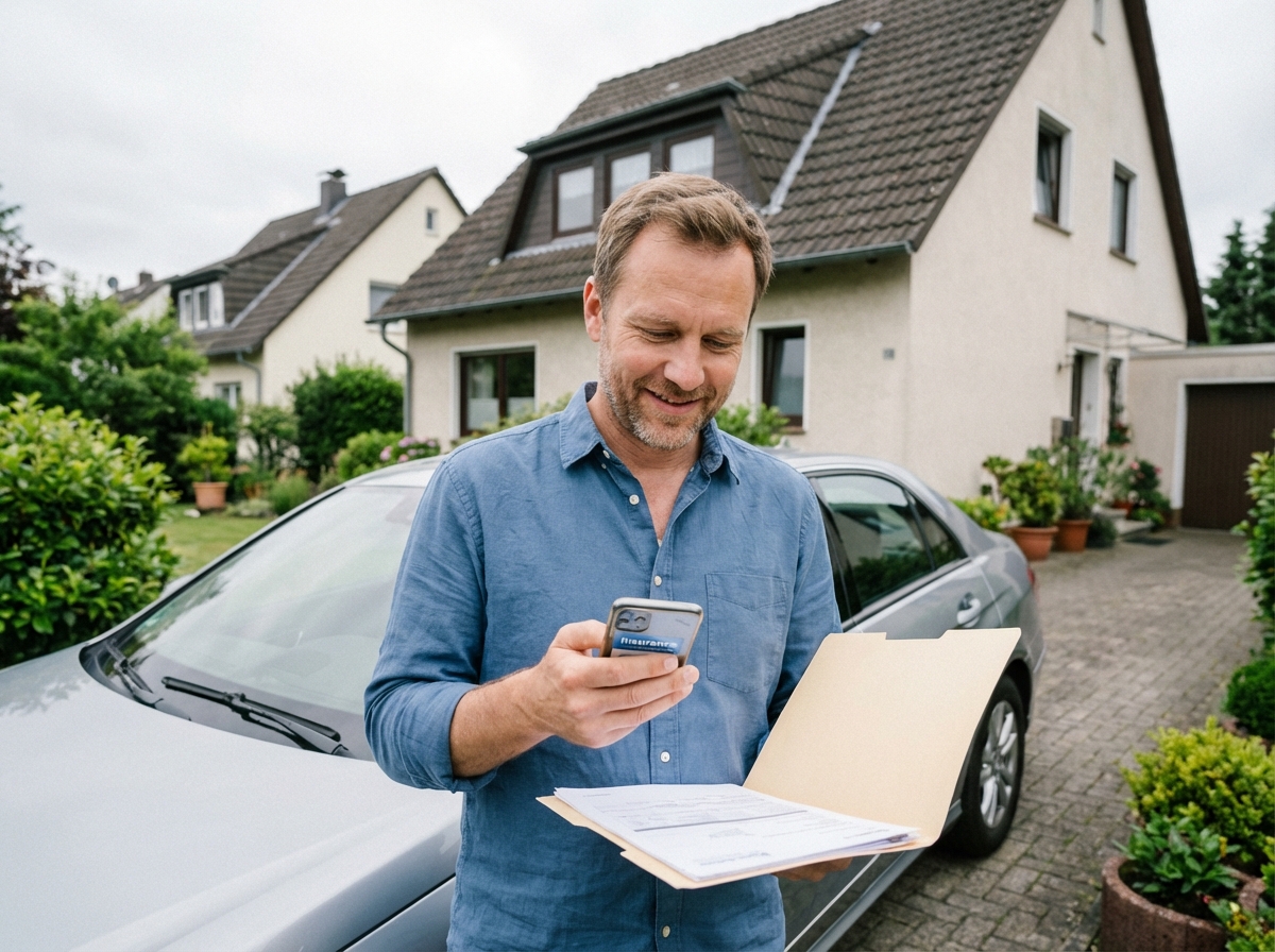 Homme satisfait avec sa voiture et son téléphone en extérieur