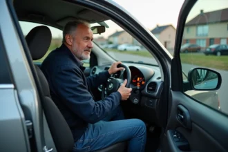 Homme examine le tableau de bord d'une voiture compacte