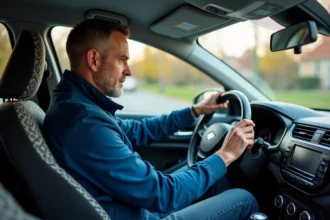 Homme moyenâge en voiture inspectant le tableau de bord