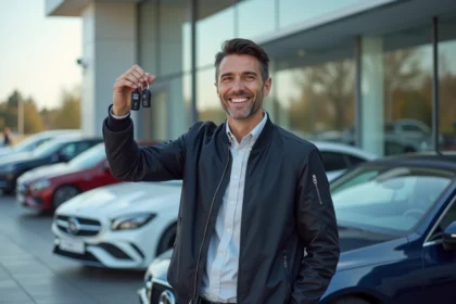 Homme souriant avec clés de voiture neuve devant un concessionnaire