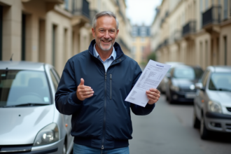Homme souriant avec papiers voiture devant une voiture ancienne