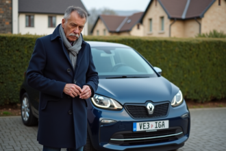 Homme d'âge moyen attachant une plaque d'immatriculation sur sa voiture
