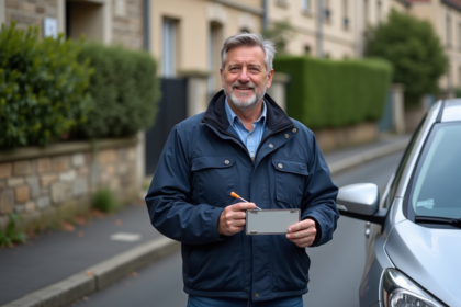 Homme français tenant une nouvelle plaque d'immatriculation