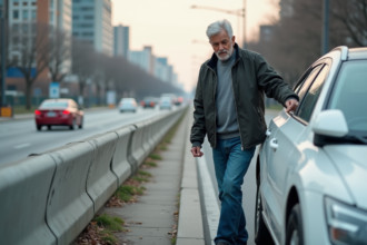 Homme d'âge moyen examinant une petite bosse sur sa voiture en ville