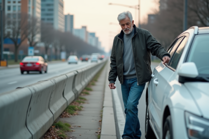 Homme d'âge moyen examinant une petite bosse sur sa voiture en ville