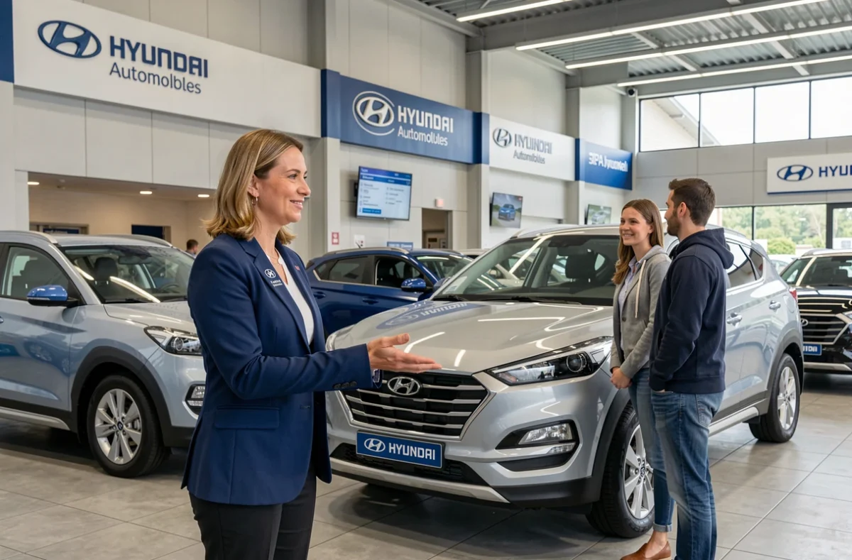 Conseillère Hyundai SIPA Automobiles Bordeaux Nord présentant un SUV d'occasion à un couple dans le showroom de marque