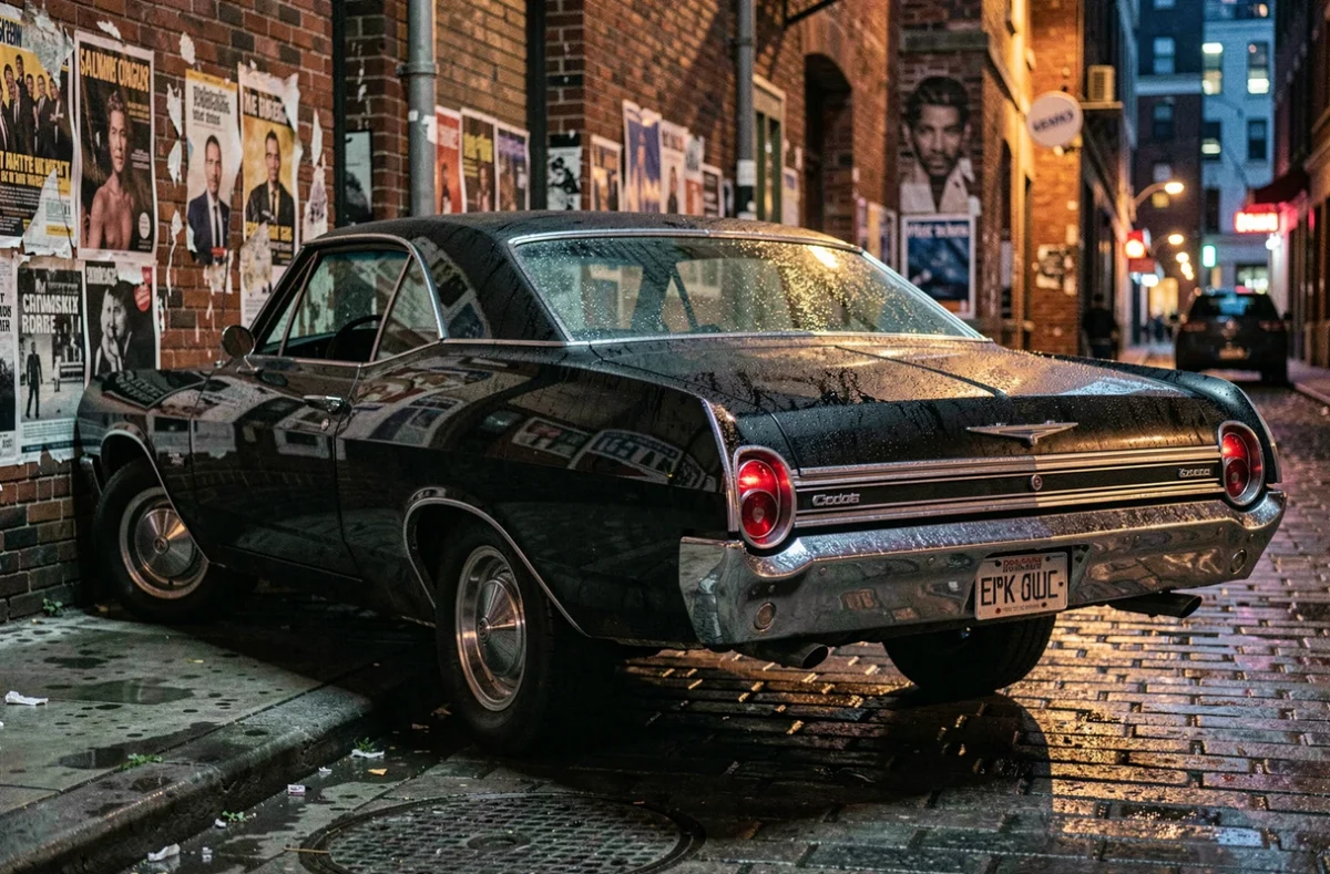La voiture Impala noire de Supernatural photographiée de nuit dans une ruelle urbaine mouillée avec feux arrière allumés