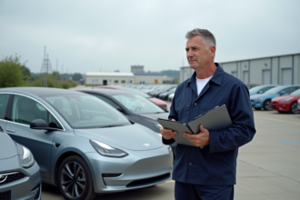 Ingénieur automobile homme avec voiture électrique en extérieur