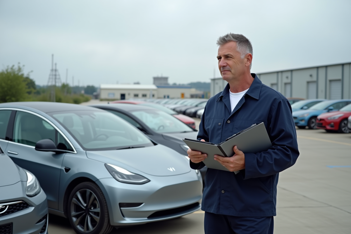 Ingénieur automobile homme avec voiture électrique en extérieur