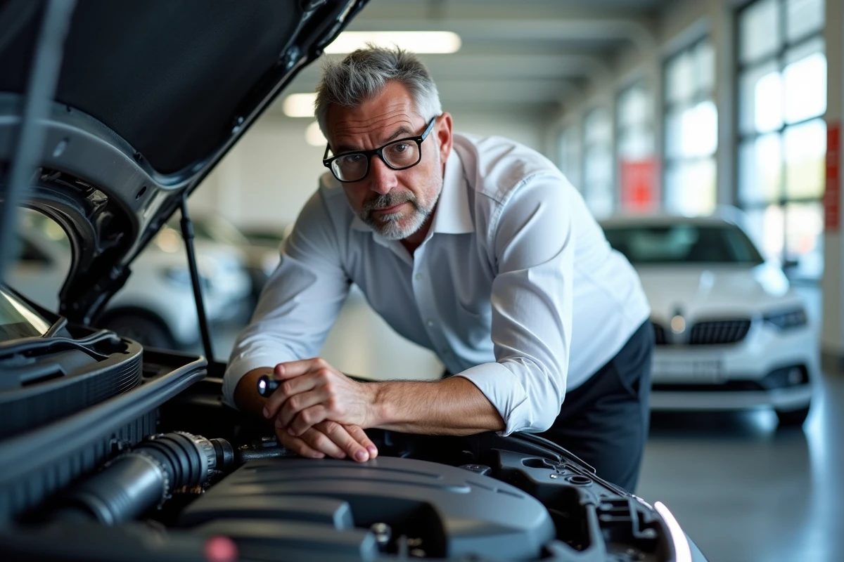Ingénieur automobile examinant le compartiment moteur 1.6 HDi dans un centre de service automobile moderne