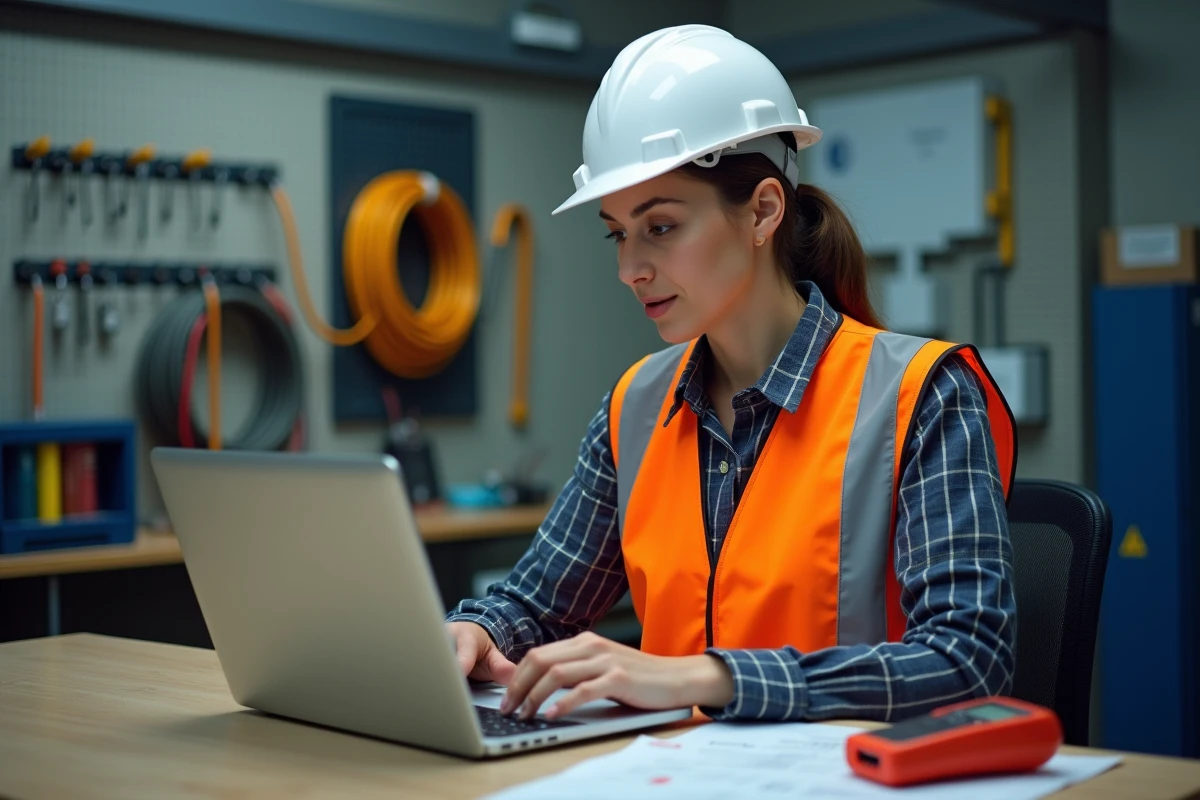 Ingénieure électricienne consultant un guide de sécurité électrique et un ordinateur portable pour vérifier la conformité d'une installation