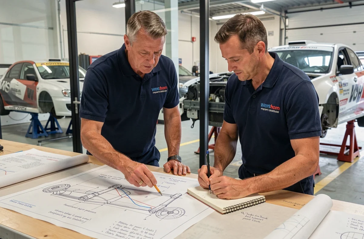 Ingénieurs étudiant les diagrammes de géométrie de châssis inspirés de la Subaru WRC dans un bureau de préparation