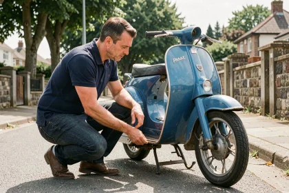 Homme inspectant une Peugeot 103 SP bleue d'occasion garée sur un trottoir pour en évaluer l'état avant négociation