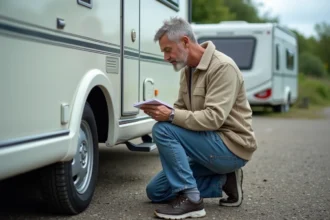 Homme inspectant une caravane en extérieur lors d'une vérification