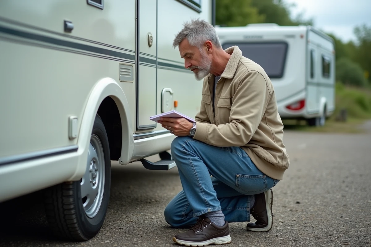 Homme inspectant une caravane en extérieur lors d'une vérification