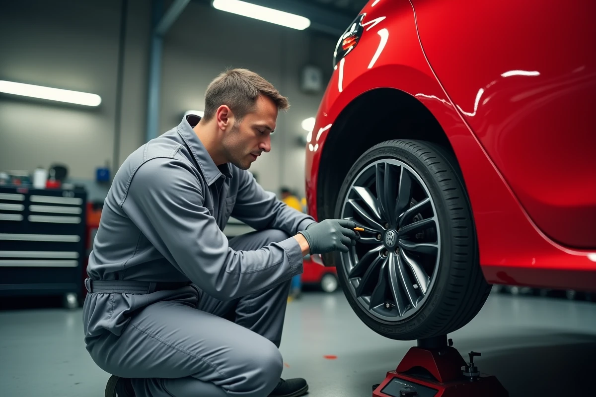 Technicien inspectant les plaquettes de frein d'origine d'une Peugeot 208 GTI en atelier