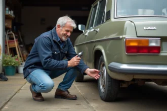 Homme inspectant un pneu de Renault 12 en extérieur