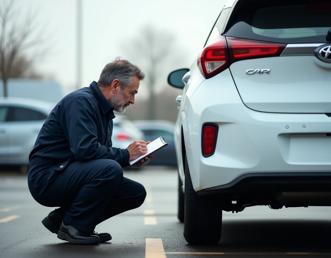 Mécanicien inspectant une voiture hybride d'occasion dans un lot de véhicules de revente en 2026