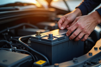 Mains installant une nouvelle batterie auto sous le capot