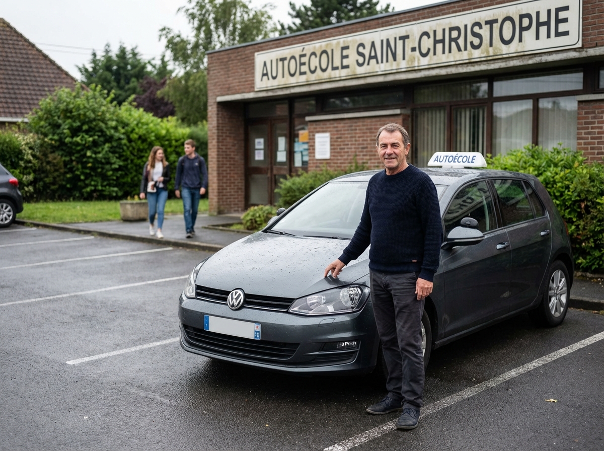 Instructeur autoecole debout à côté d
