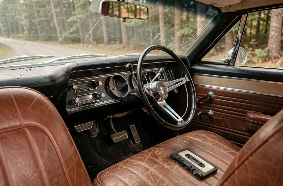Intérieur vintage authentique de la Chevrolet Impala noire de Supernatural avec tableau de bord et siège en cuir usé