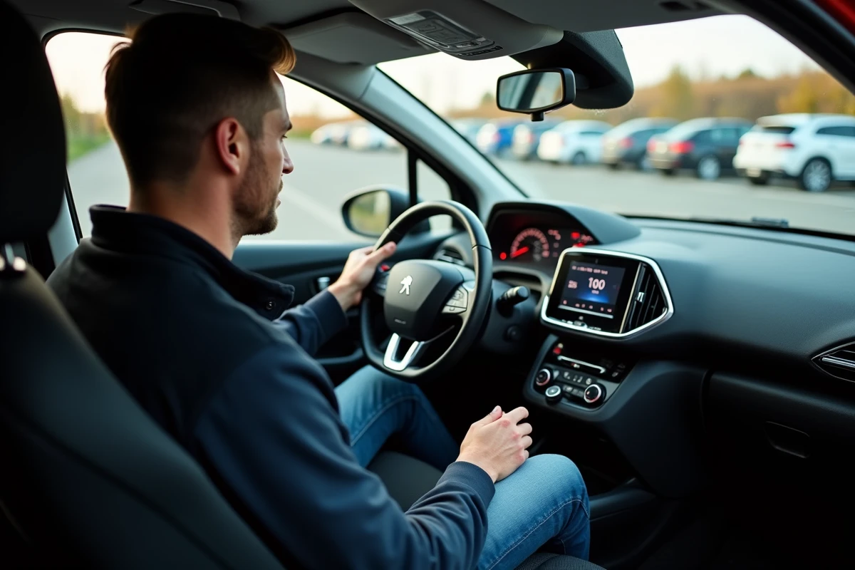 Intérieur de la Peugeot 208 avec i-Cockpit et conducteur au volant, vue depuis la banquette arrière