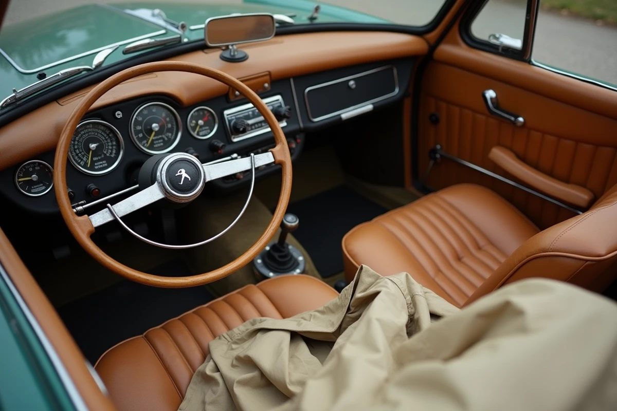 Intérieur usé d'une Peugeot 403 cabriolet avec volant bakélite, tableau de bord d'époque et imperméable beige posé sur le siège passager