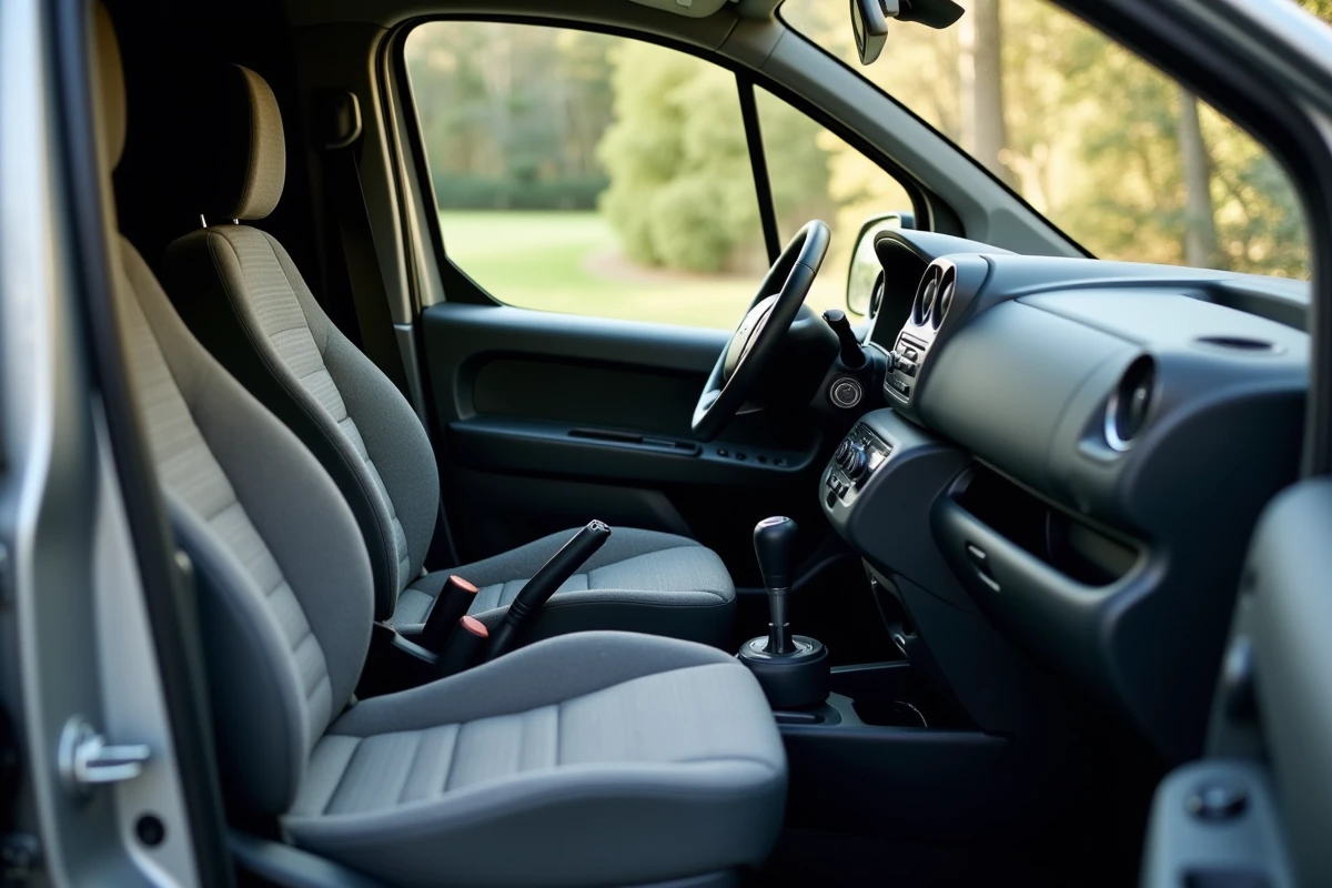 Intérieur pratique d'une Peugeot Partner Tepee d'occasion avec sièges modulables et tableau de bord