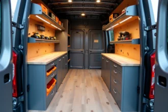 Intérieur aménagé d'un Renault Master avec étagères modulaires en aluminium, plan de travail bois et rangements sur mesure vus depuis les portes arrière ouvertes
