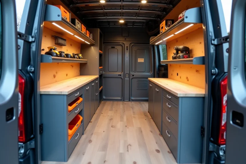 Intérieur aménagé d'un Renault Master avec étagères modulaires en aluminium, plan de travail bois et rangements sur mesure vus depuis les portes arrière ouvertes