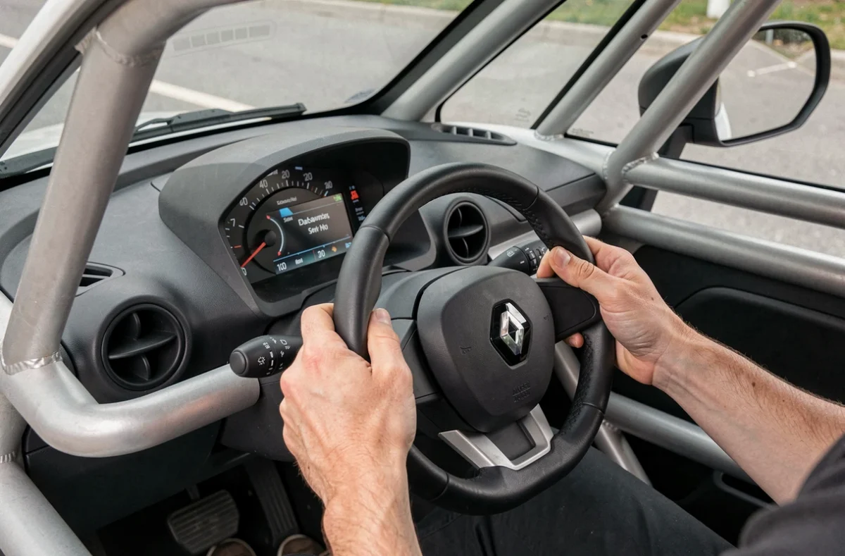 Intérieur minimaliste de la Renault Twizy avec tableau de bord et volant