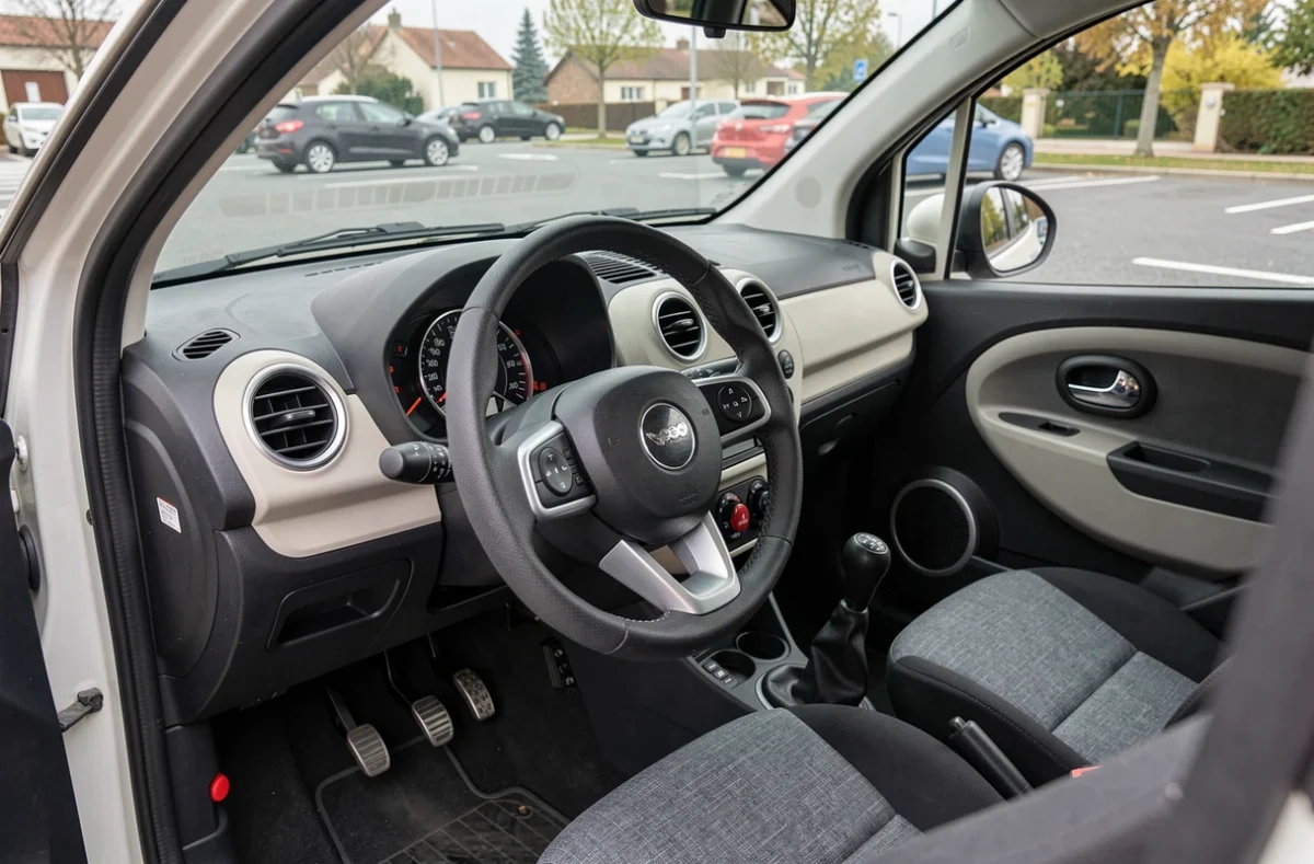 Intérieur et tableau de bord d'une Aixam GTI, vue habitacle depuis la portière conducteur