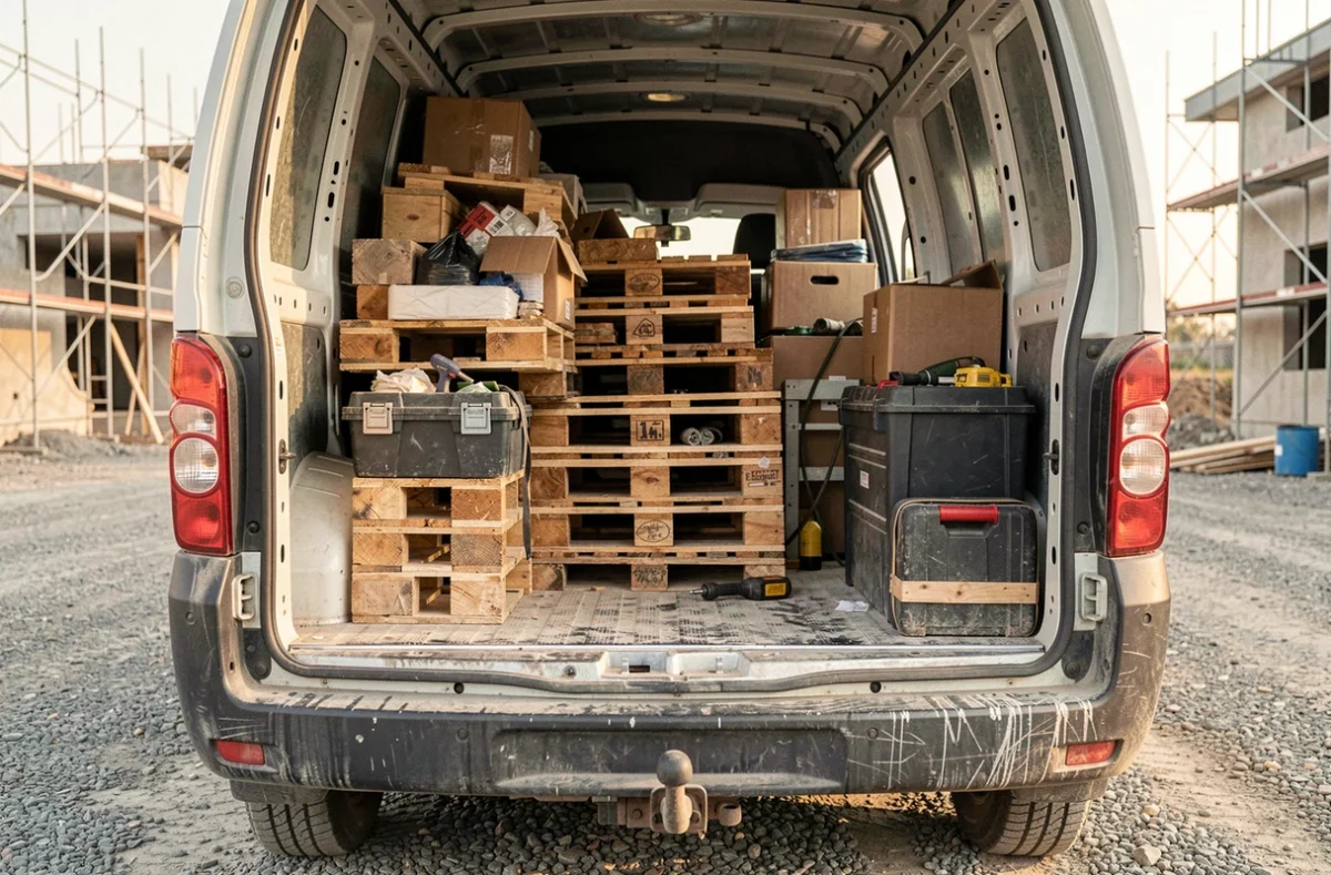 Espace de chargement intérieur d'un utilitaire compact surchargé avec palettes et matériaux de construction sur un chantier