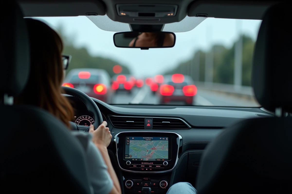 Vue depuis l'intérieur d'une voiture arrêtée dans les embouteillages du périphérique de Toulouse