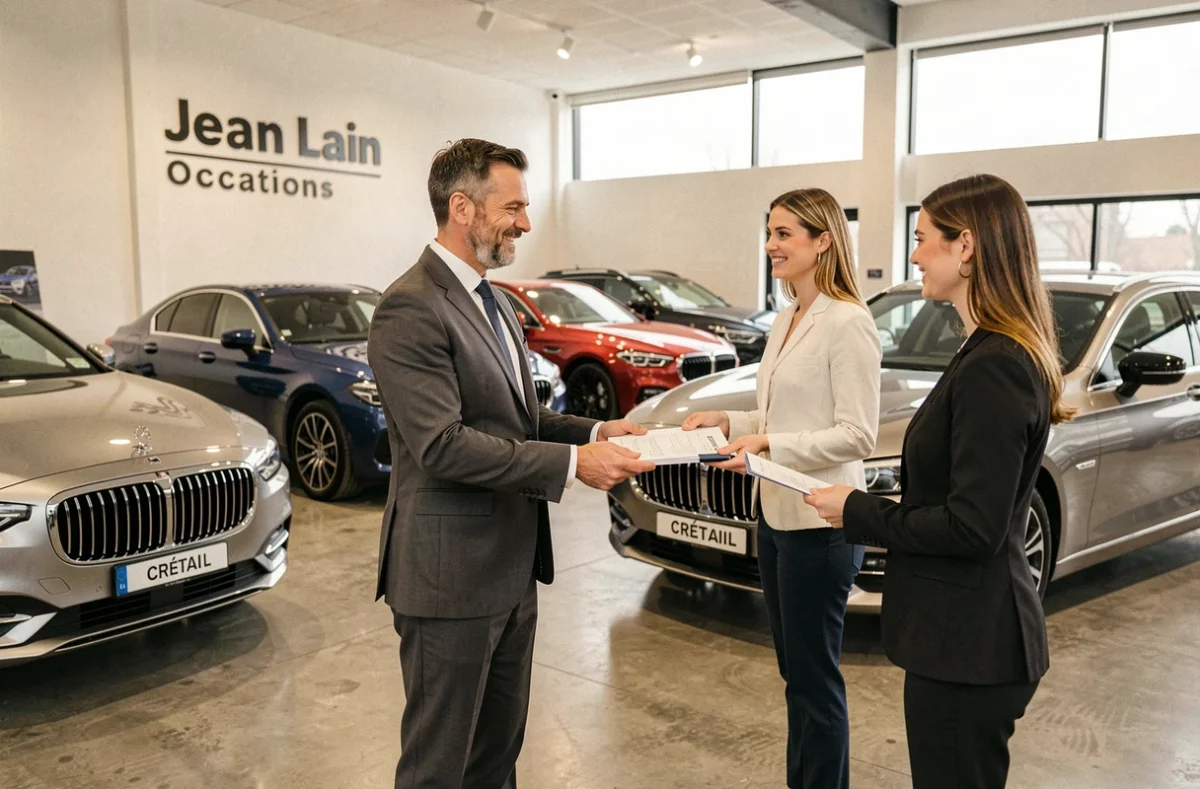 Showroom intérieur de Jean Lain Occasions à Créteil avec un conseiller en costume remettant des documents à une cliente devant un véhicule premium d'occasion