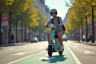 Jeune adulte roulant en scooter électrique dans une ville en France