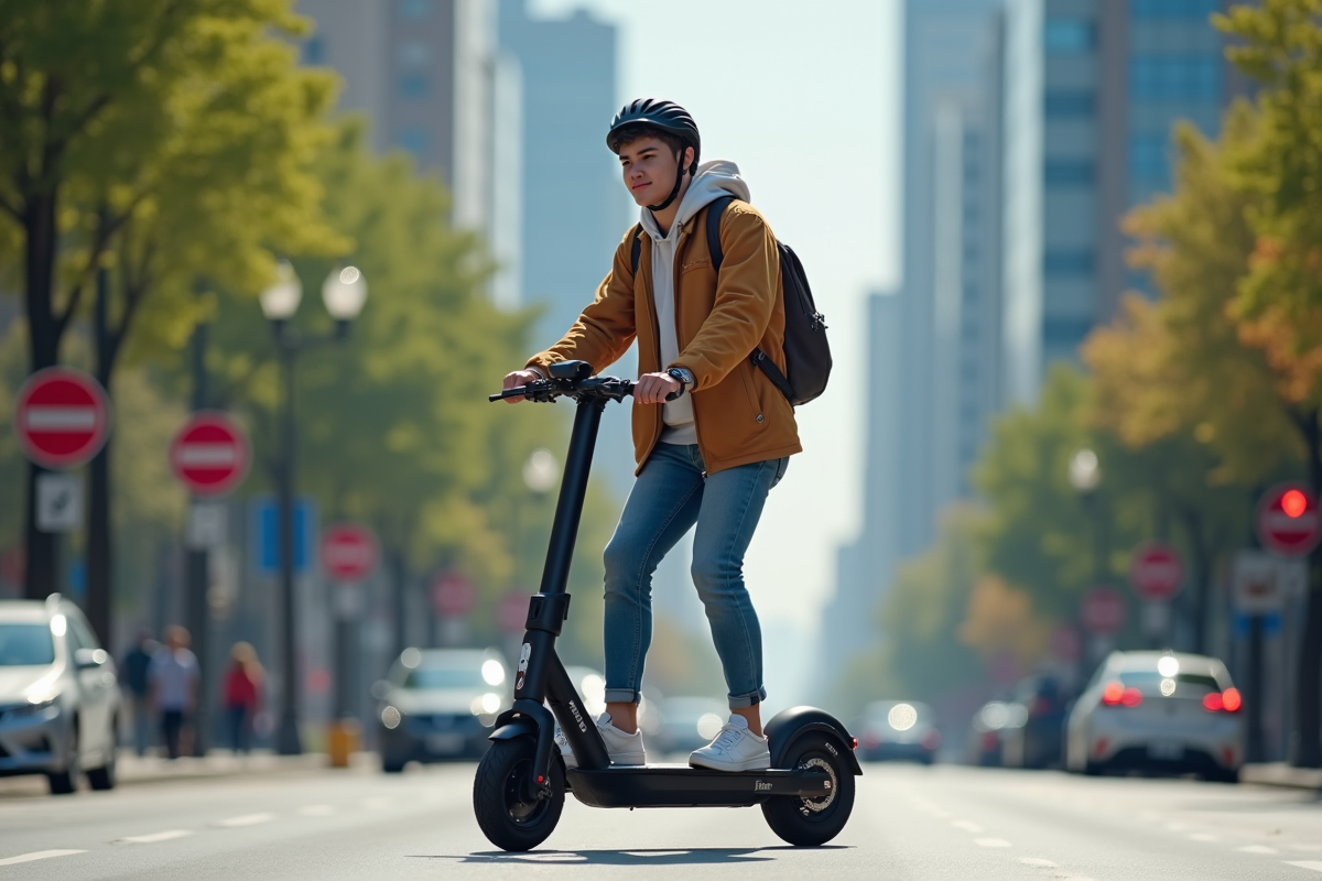 Jeune adulte roulant en scooter électrique en ville avec permis
