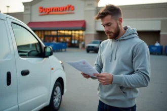 Jeune conducteur tenant un contrat de location de véhicule utilitaire devant un supermarché Super U
