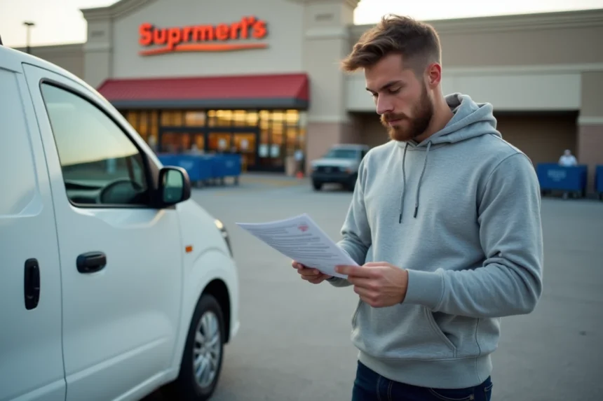 Jeune conducteur tenant un contrat de location de véhicule utilitaire devant un supermarché Super U