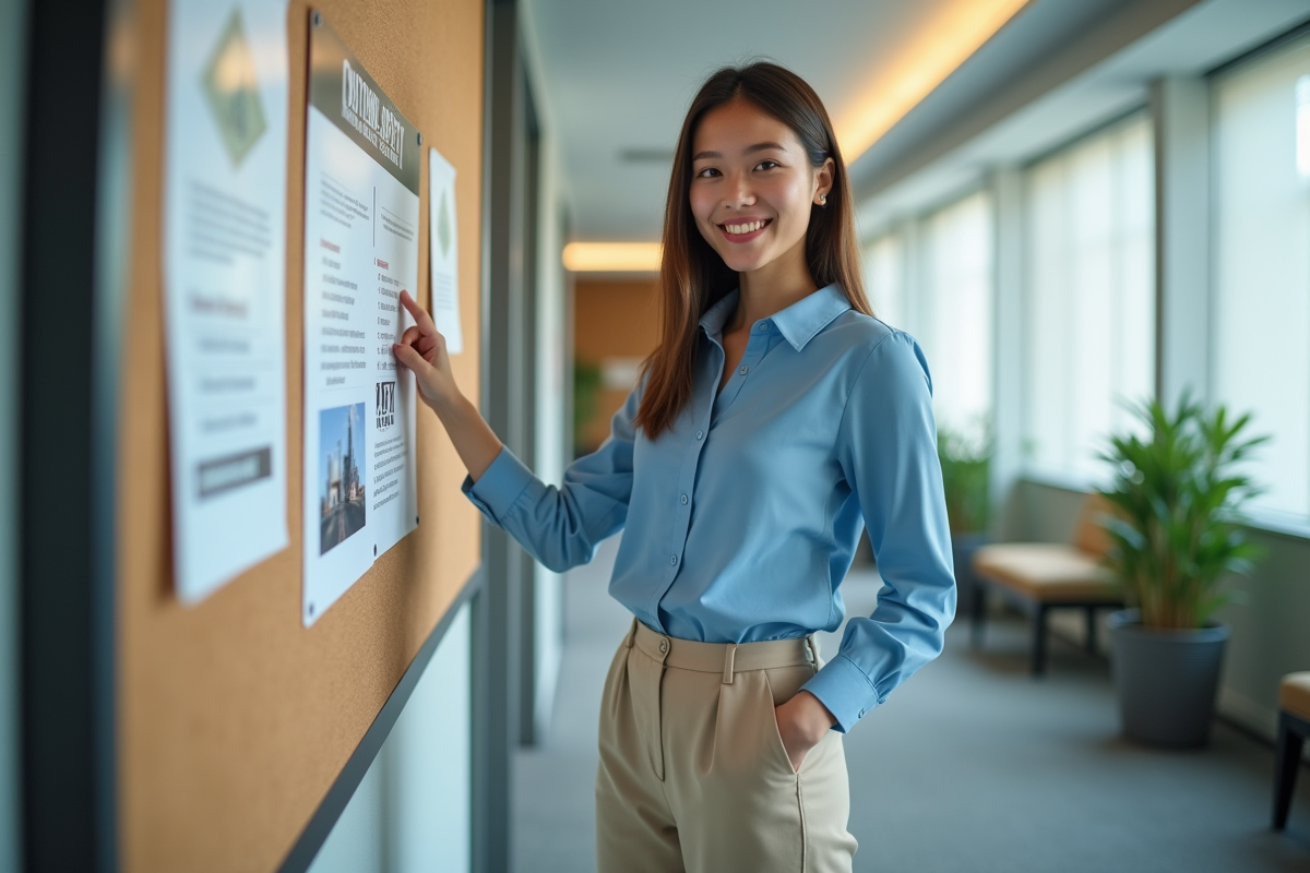 Jeune femme accrochant une affiche de sécurité en intérieur