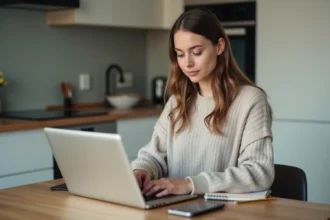 Jeune femme concentrée sur son cours de conduite en ligne