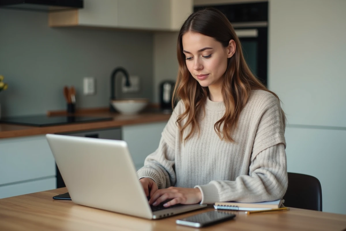 Jeune femme concentrée sur son cours de conduite en ligne