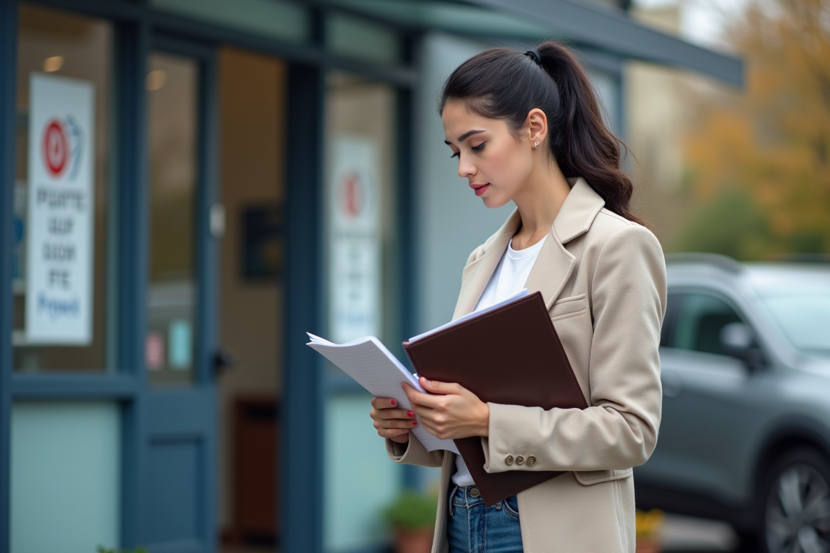 Jeune femme avec dossier devant un centre d