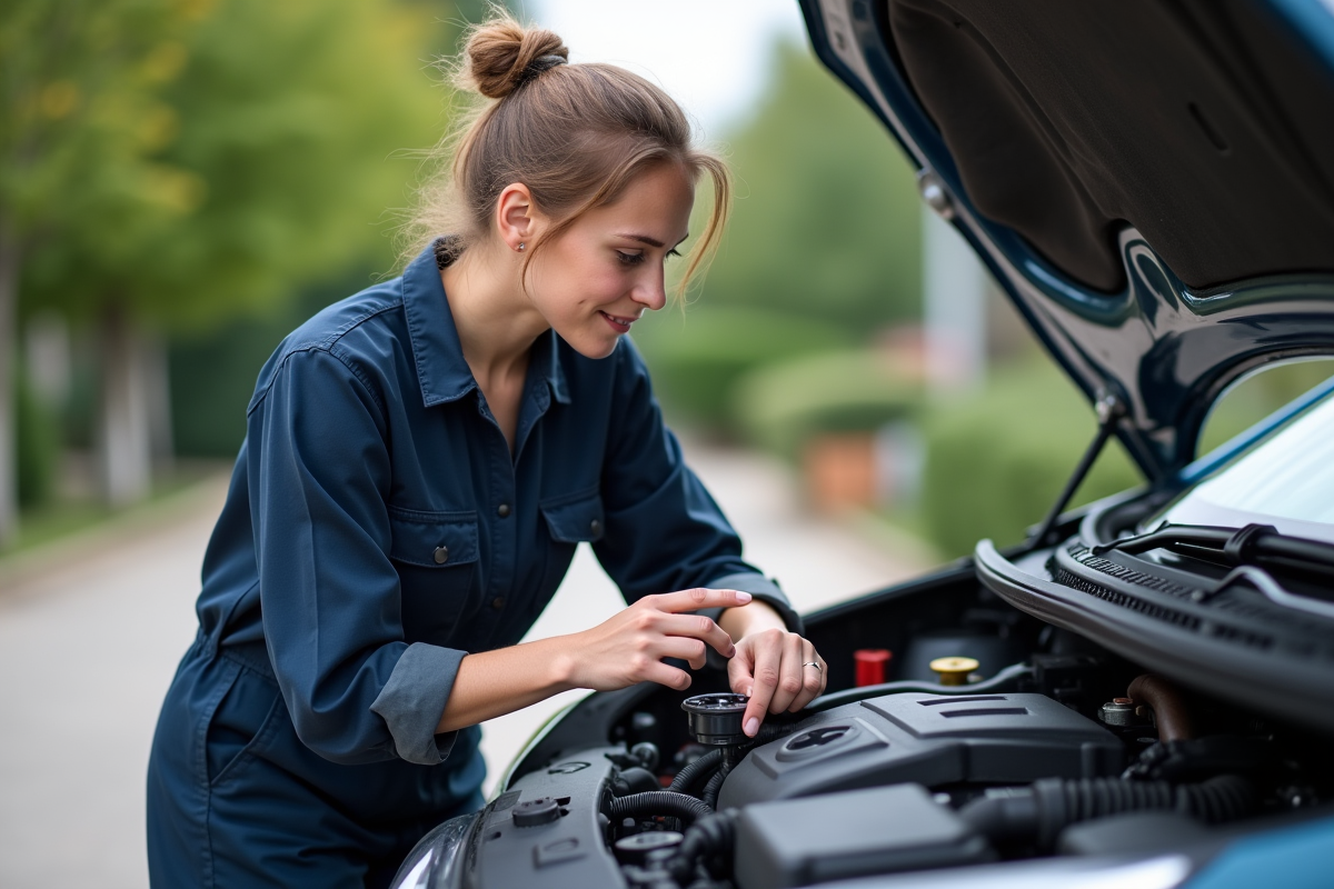 Jeune mécanicienne examinant le moteur d