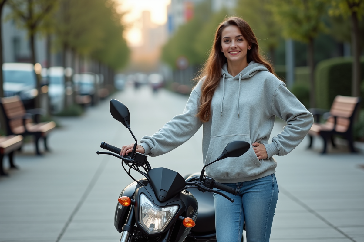 Jeune femme avec moto Avengers 125 en ville