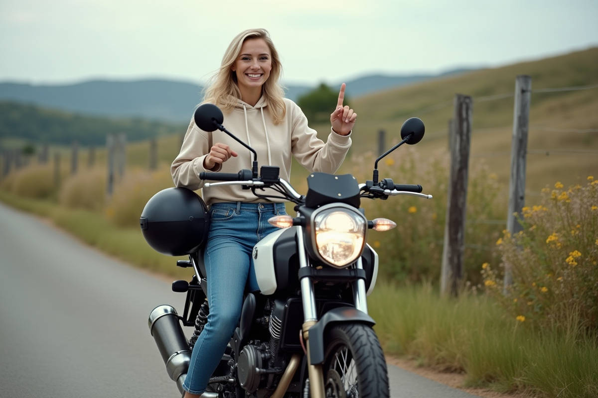 Jeune femme souriante pointant son moto avec pignon plus grand en campagne