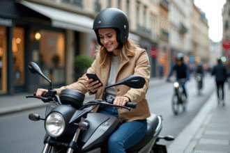Jeune femme en moto urbaine en ville européenne
