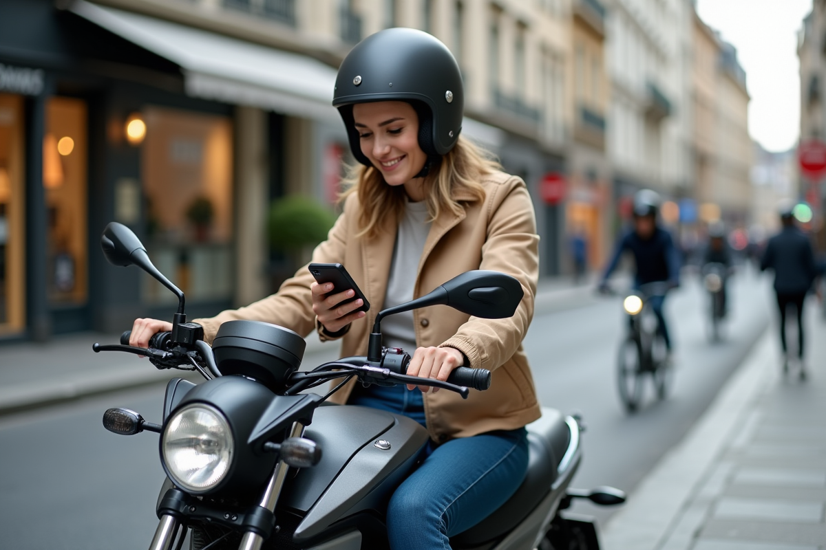 Jeune femme en moto urbaine en ville européenne