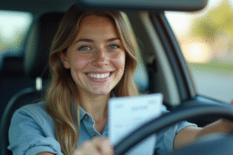 Jeune femme souriante avec permis de conduire dans la voiture