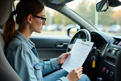 Jeune femme en voiture étudiant un permis de conduire